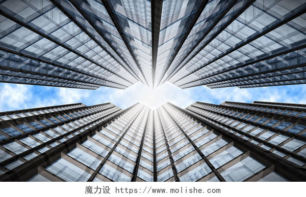 商务简约城市建筑仰拍视角蓝天下商务楼摩天大楼与阳光反射图片